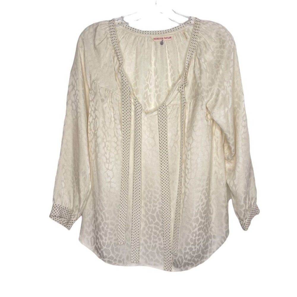 Rebecca Taylor Silk Leopard Jacquard Blouse Ivory Polka Dot Trim Tie Neck Small
